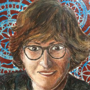 Portrait of person with glasses, colorful background.