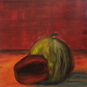 A painting of an apple with a red background