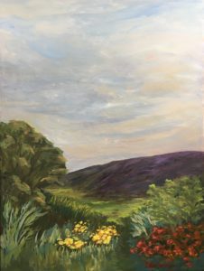 Landscape painting with flowers and cloudy sky.
