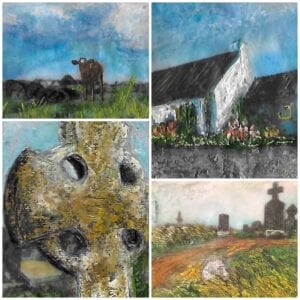 A series of paintings depicting animals and buildings.