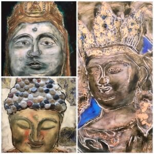 Four different pictures of buddha statues with various colors.