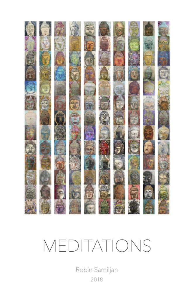 Collage of diverse face illustrations, titled "Meditations".