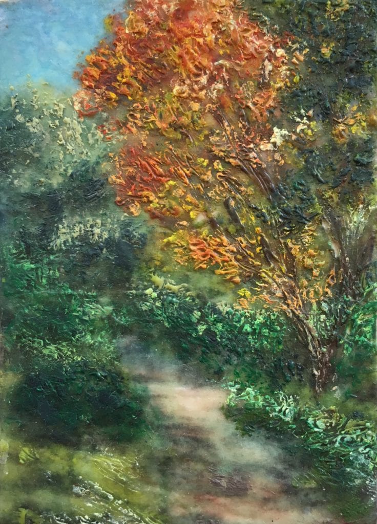 A painting of trees and bushes in the background.