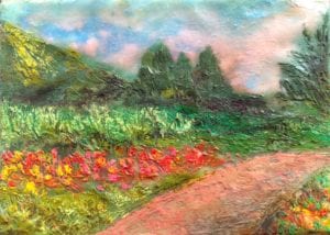 A painting of a field with flowers and trees