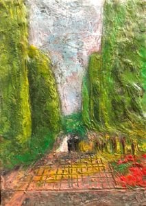 Colorful abstract painting of trees and path.