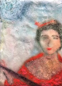 A painting of a woman in red and white.