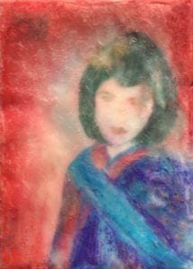 A painting of a young girl wearing a blue and red outfit.