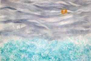 A painting of the ocean with waves and clouds.
