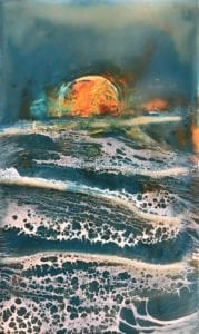 Abstract ocean waves and colorful sky painting.