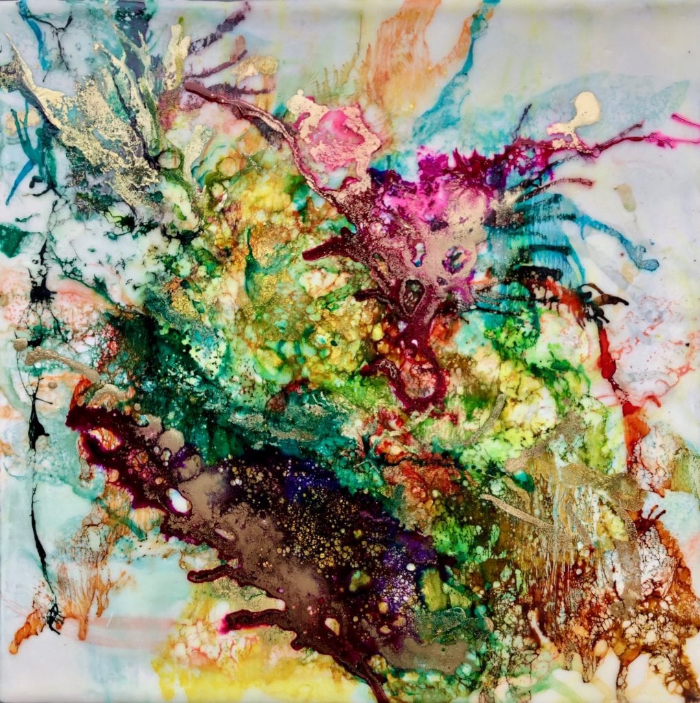 A painting of flowers and plants in water.