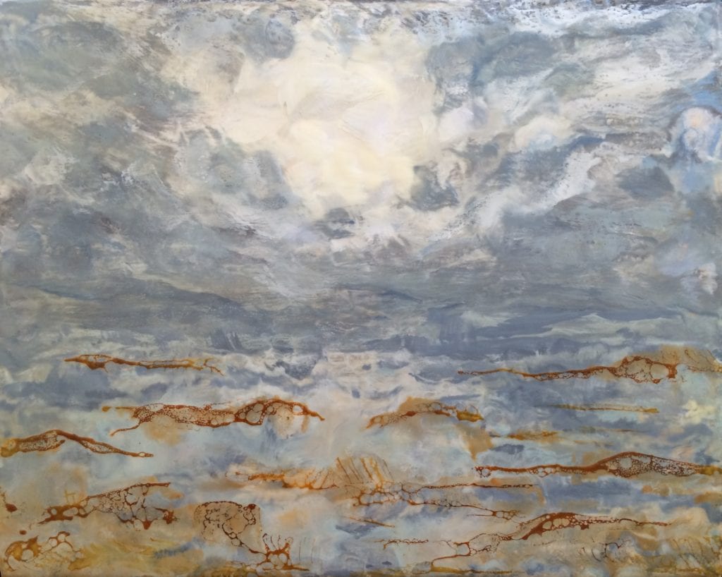 A painting of the sky and water