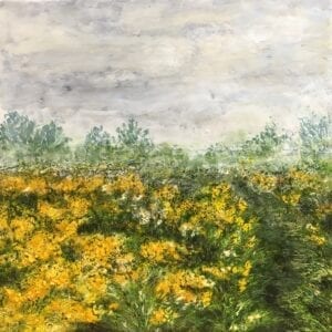 A painting of a field with yellow flowers