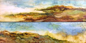 Two paintings of a mountain range with clouds.