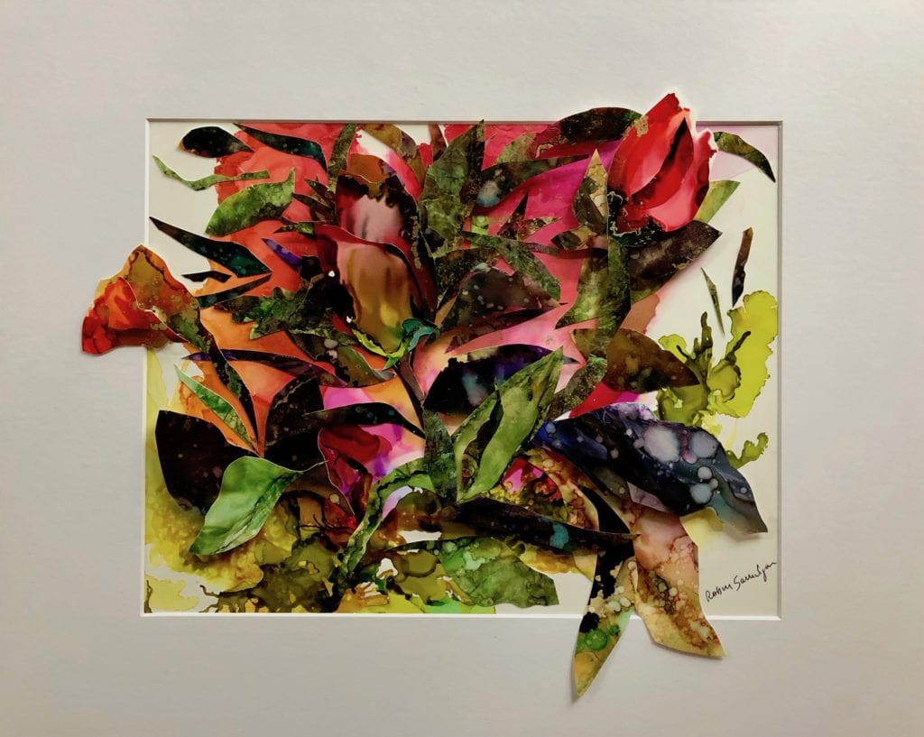 Colorful abstract floral painting with vibrant hues.