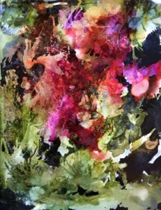 A painting of flowers and leaves in the water.