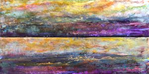 Two paintings of a sunset with purple and yellow colors.