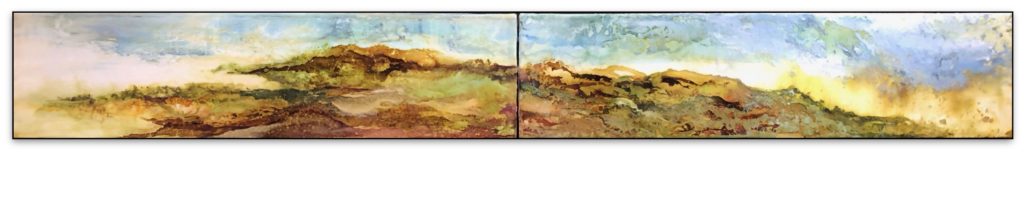 A painting of two different colored hills with grass