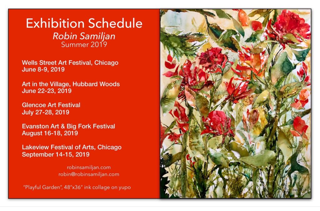 Art exhibition schedule with floral artwork.