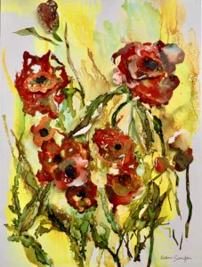 A painting of red flowers on yellow background