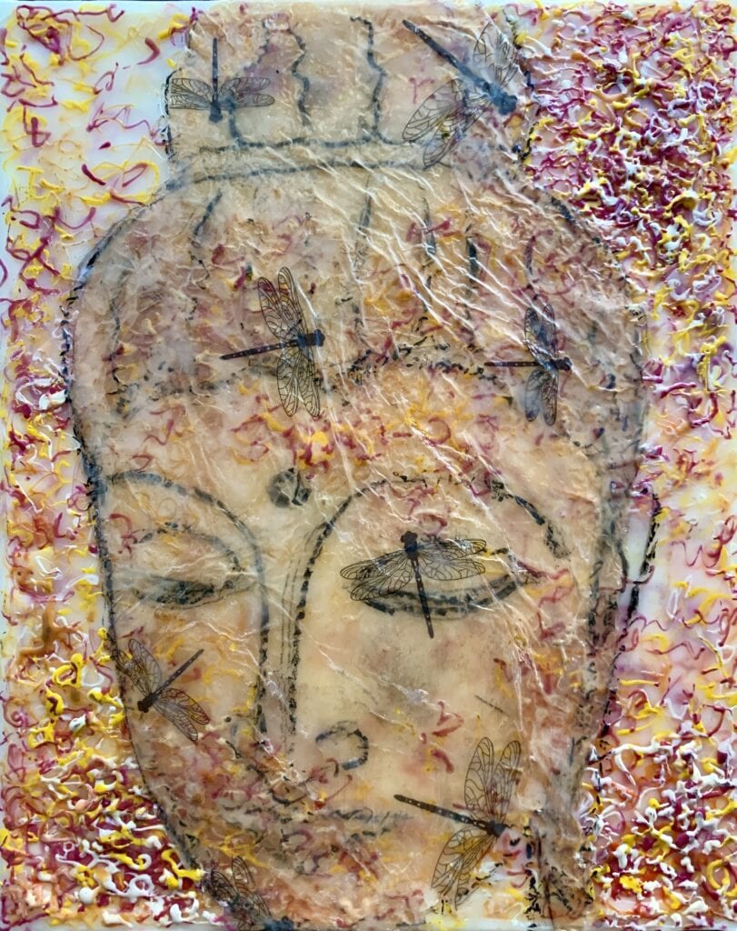 A painting of a face with clocks on it.
