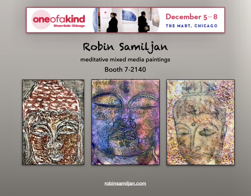 Art exhibition poster with three abstract faces.