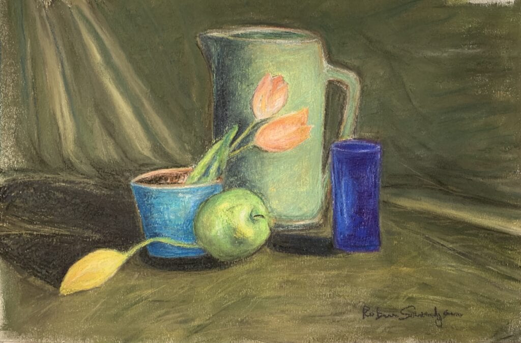 Still life with flowers, apple, and jug.