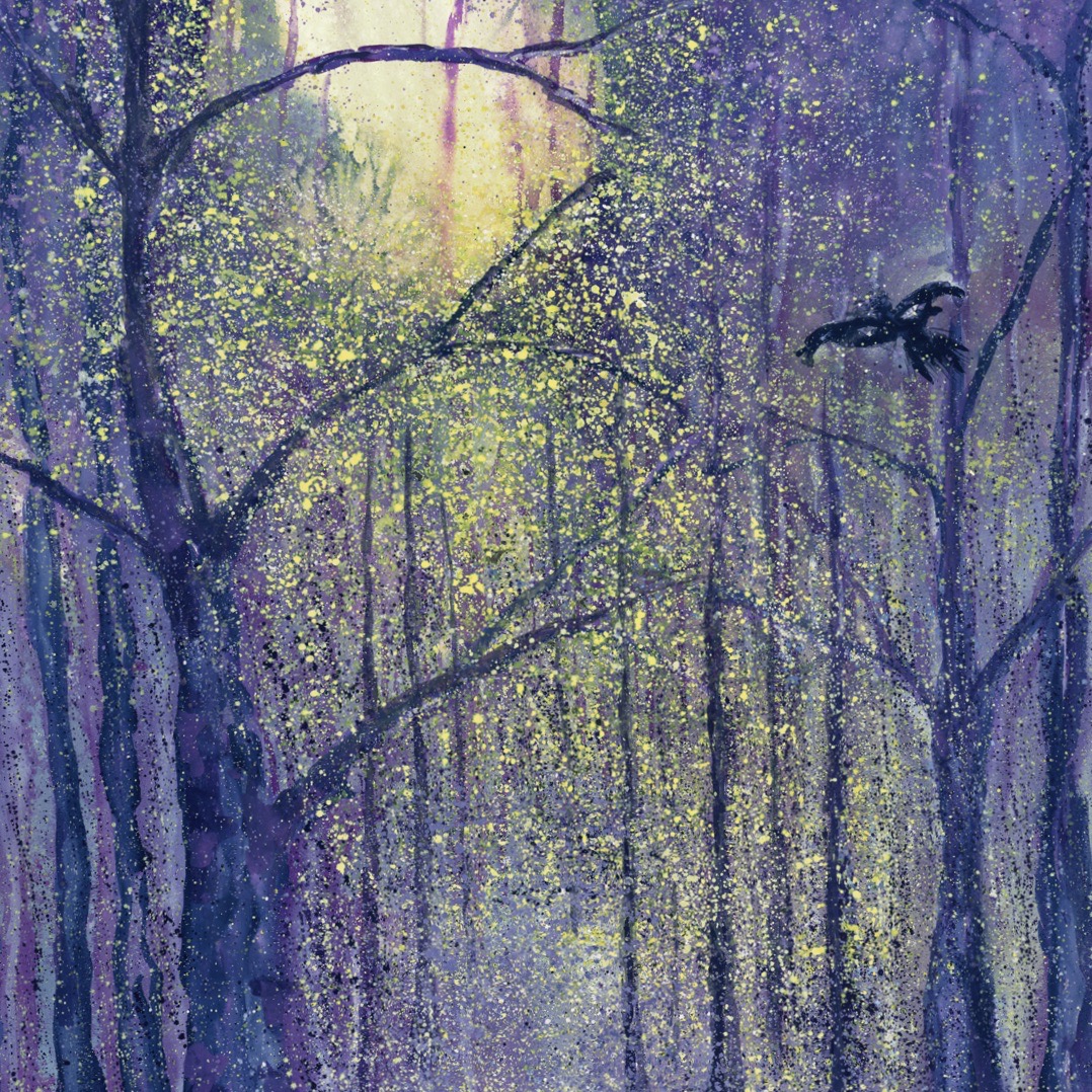 A painting of trees with birds flying in the background.