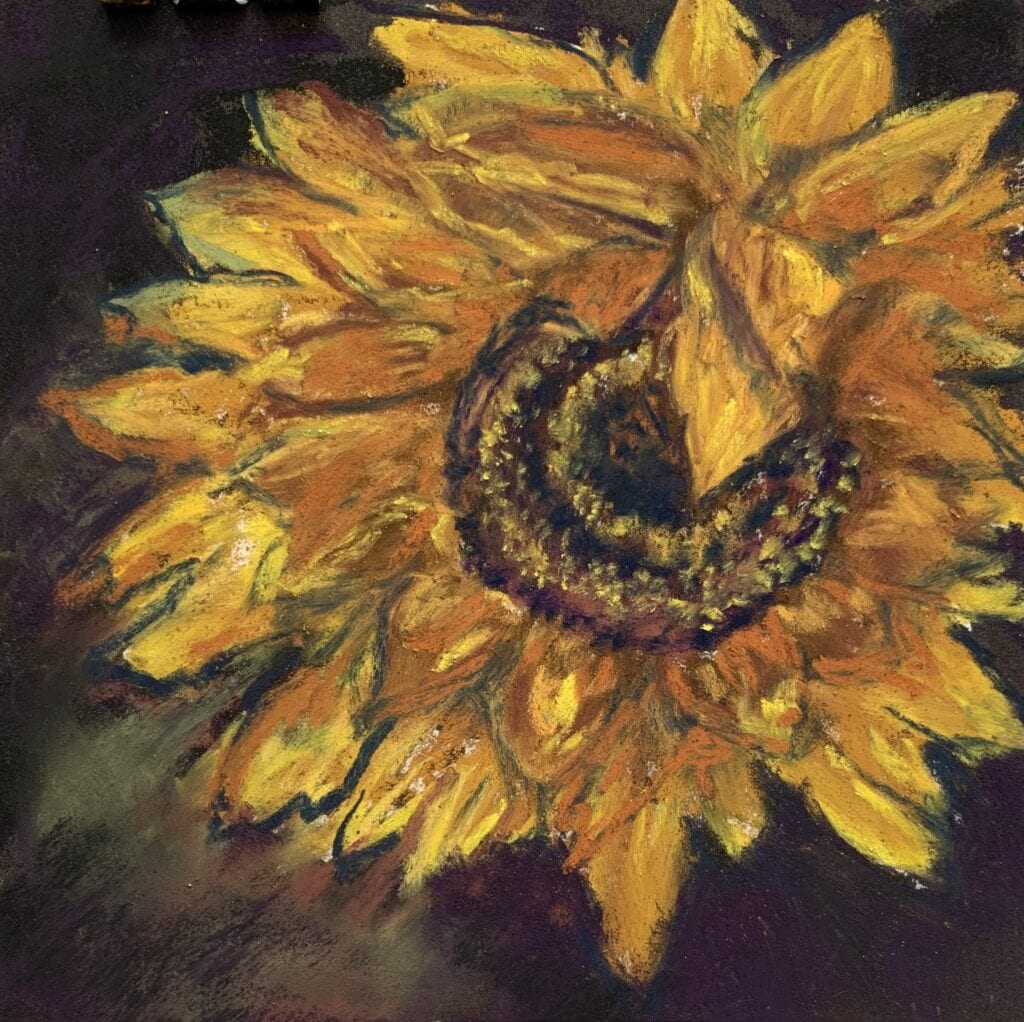 A painting of a sunflower with yellow petals.