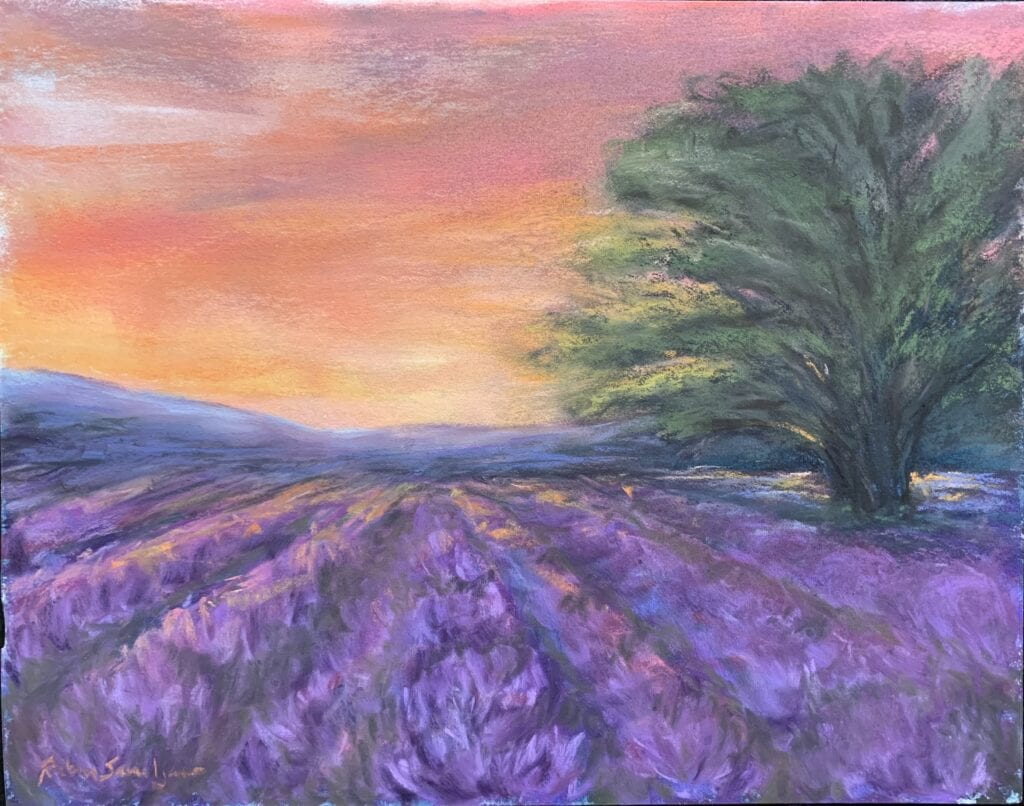 Lavender field painting with sunset and tree.