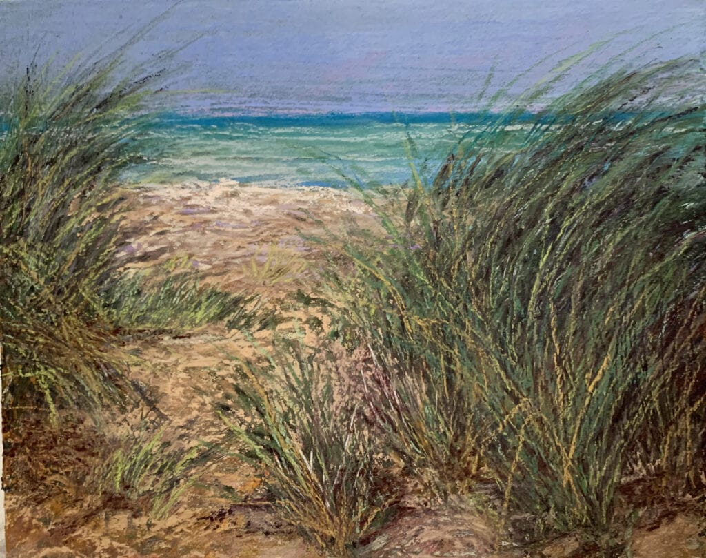 Beach dunes with grass and ocean view.