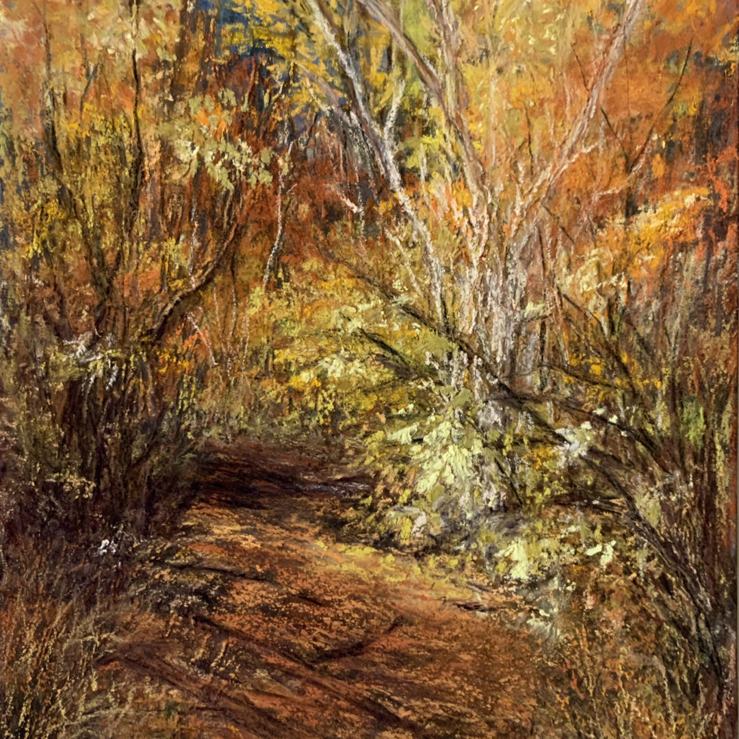 A painting of trees and bushes in the woods