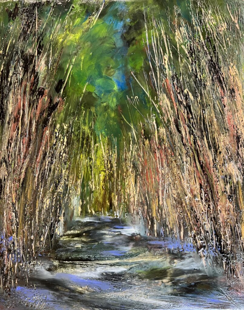 Forest pathway with vibrant, abstract colors.