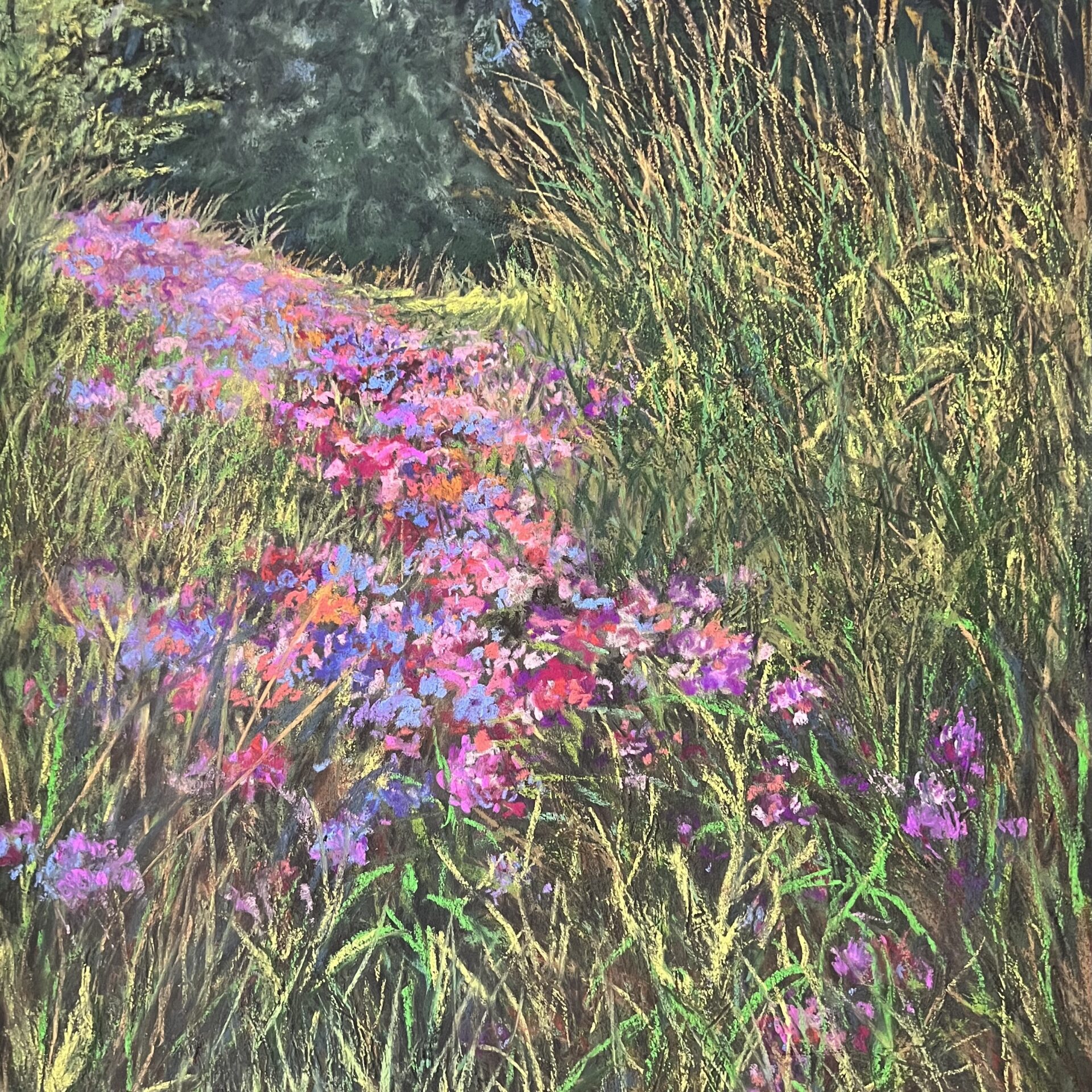 A painting of purple flowers in the grass