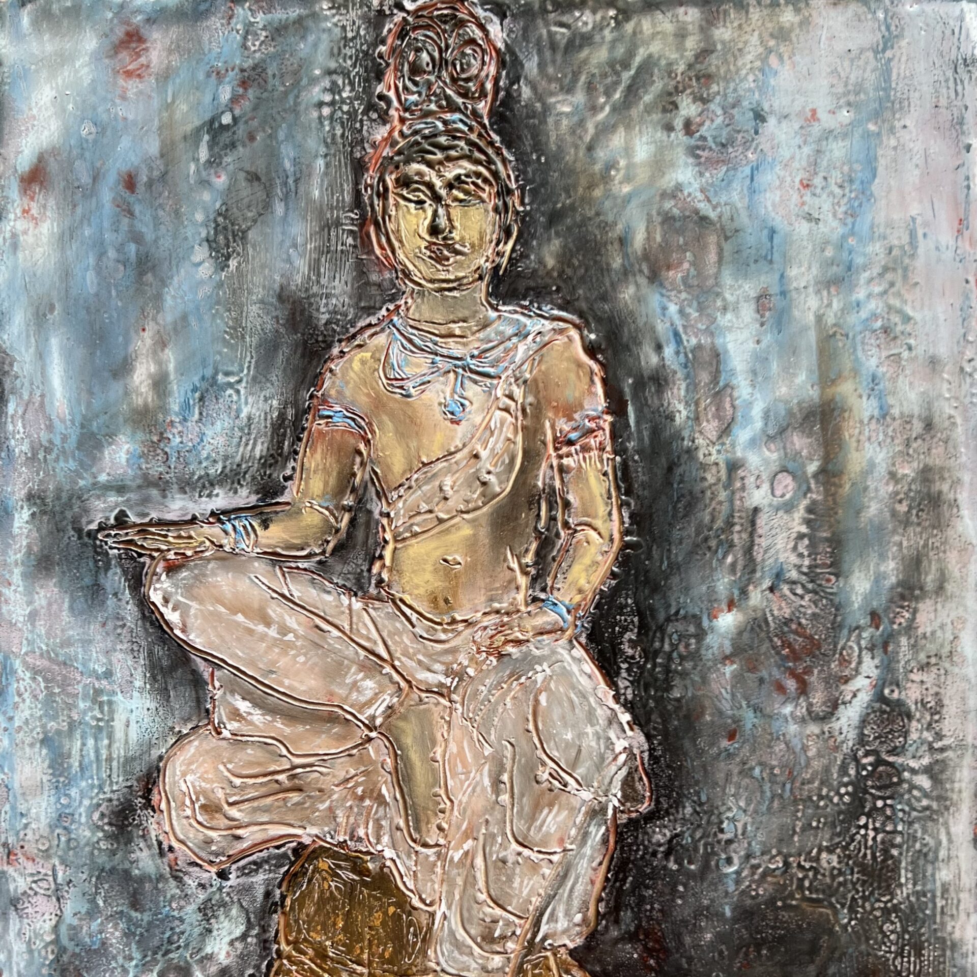 A painting of a woman sitting on the ground.