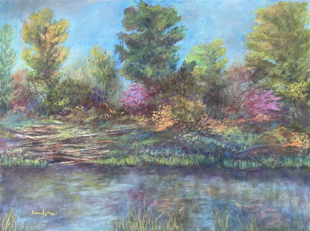 Colorful landscape painting with trees and water.
