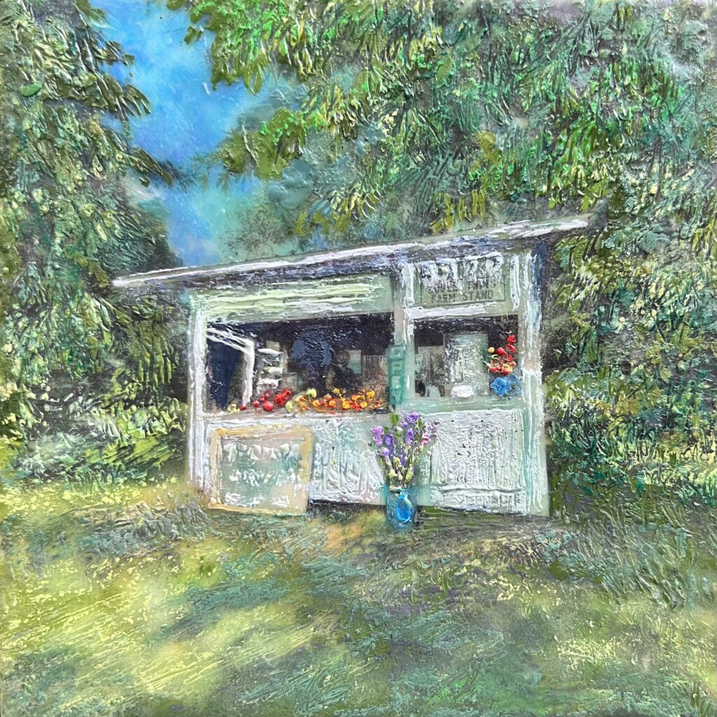 A painting of an old food stand in the woods