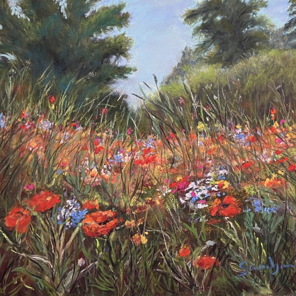 A painting of a field full of flowers
