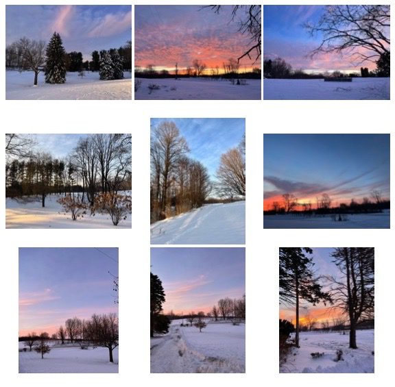 Winter landscapes with colorful sunset skies.