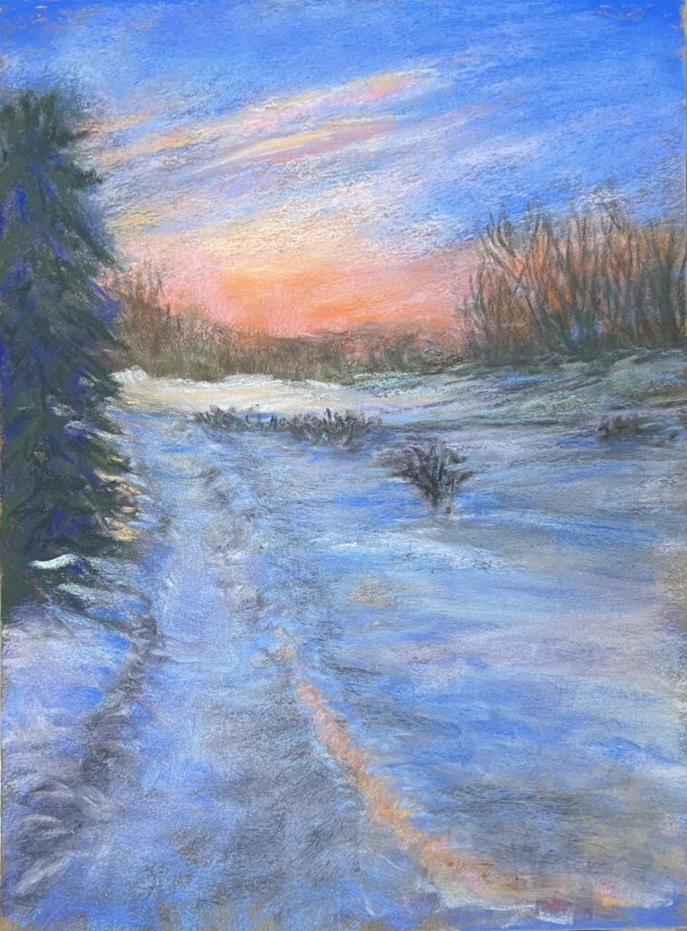 Snowy landscape with sunset sky painting.