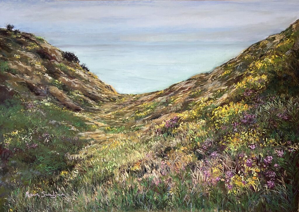 A painting of a grassy area with many flowers.