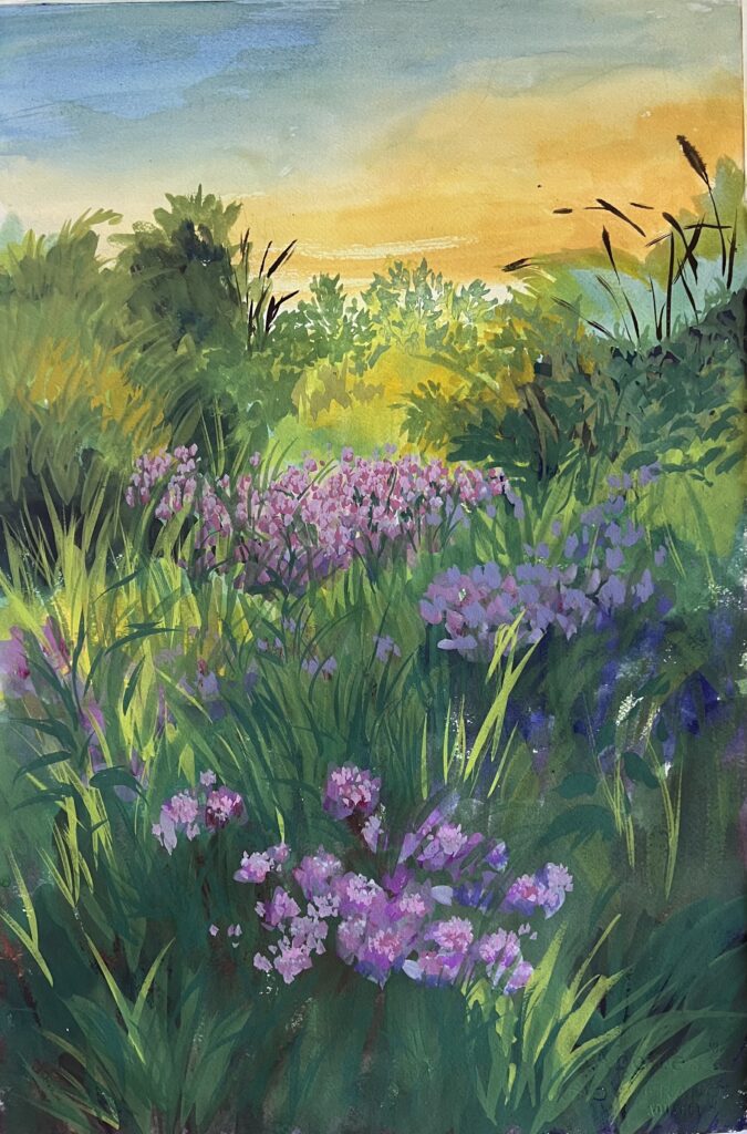 A painting of purple flowers in the grass
