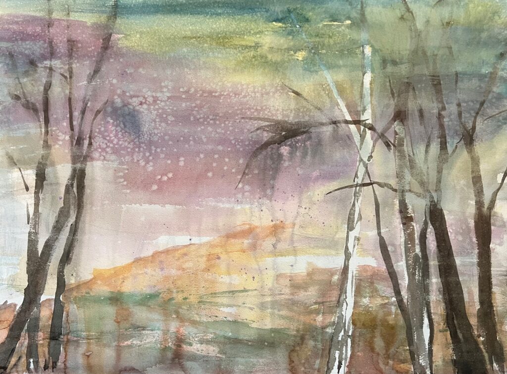 Abstract watercolor landscape with trees and sky.