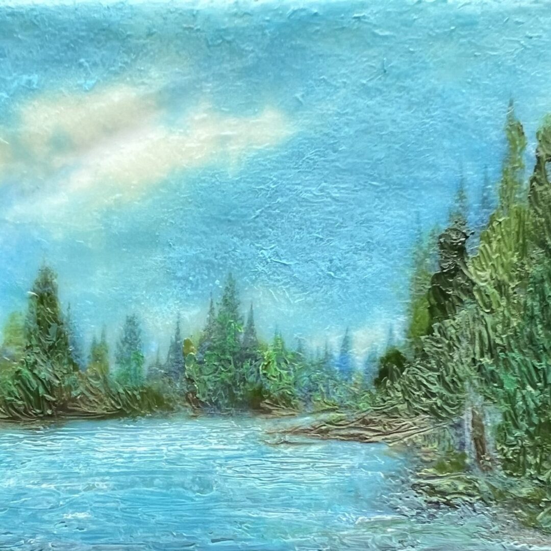 A painting of trees and water in the background