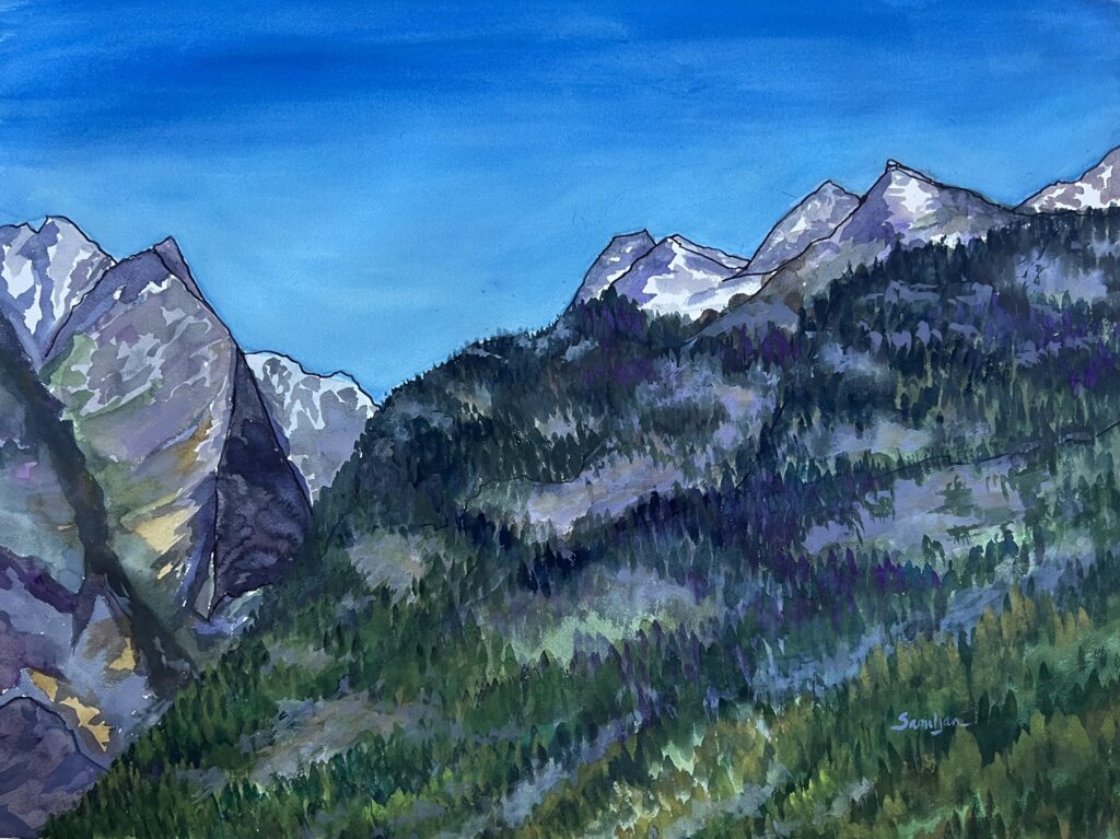 Mountain landscape painting with blue sky.