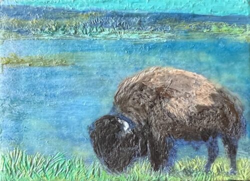 Bison 1 A painting of a bison grazing in the grass.