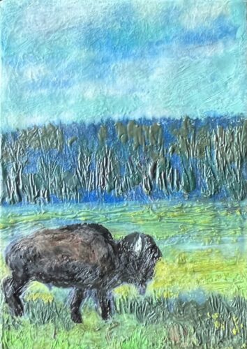 Bison 2 A painting of an animal in the grass.