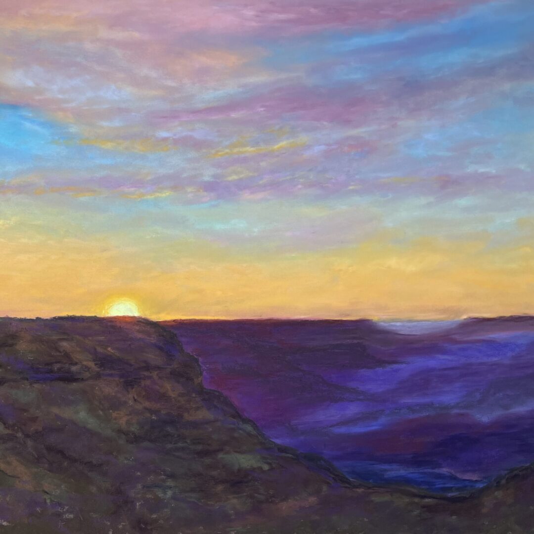A painting of the sun setting over a canyon
