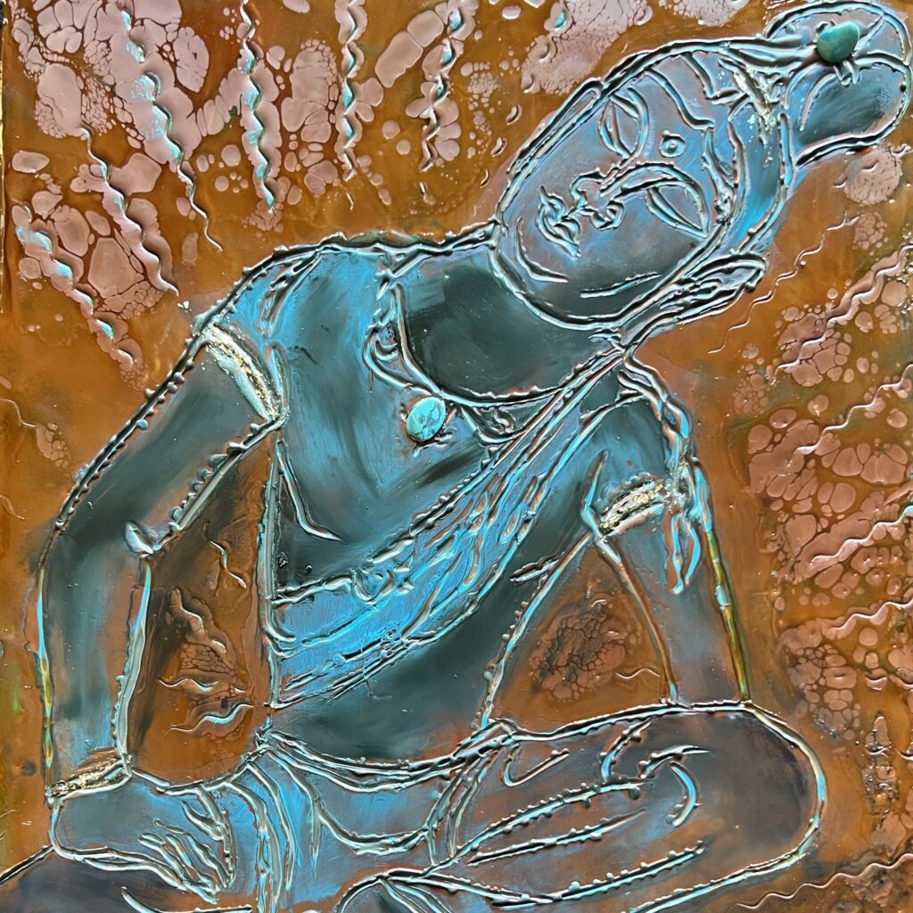 A painting of a man sitting on top of a skateboard.