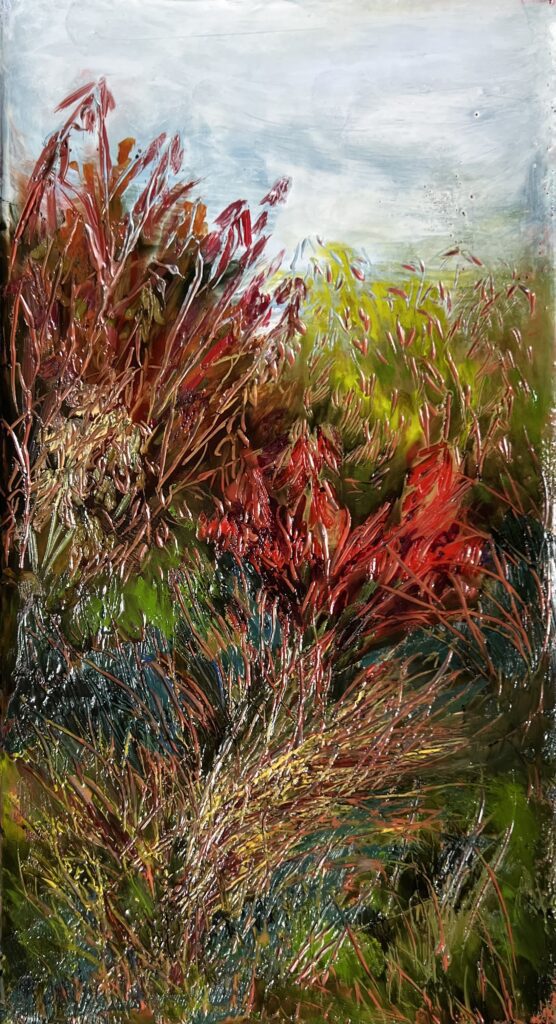 Colorful abstract painting of plants and sky.