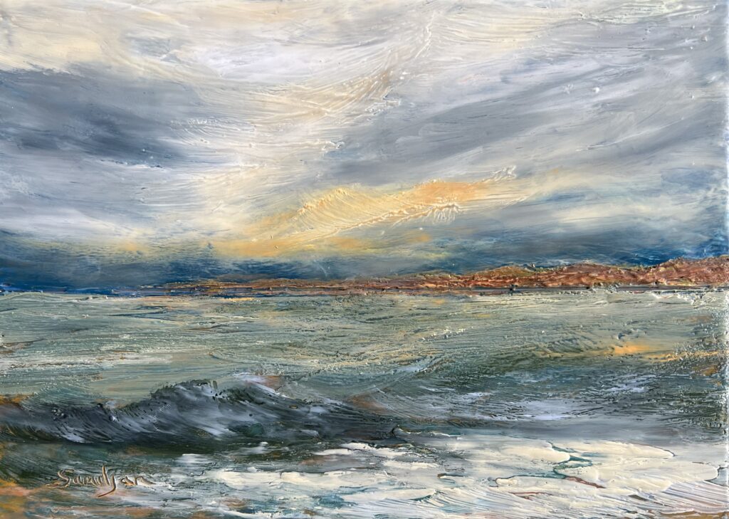 A painting of the ocean with waves coming in.